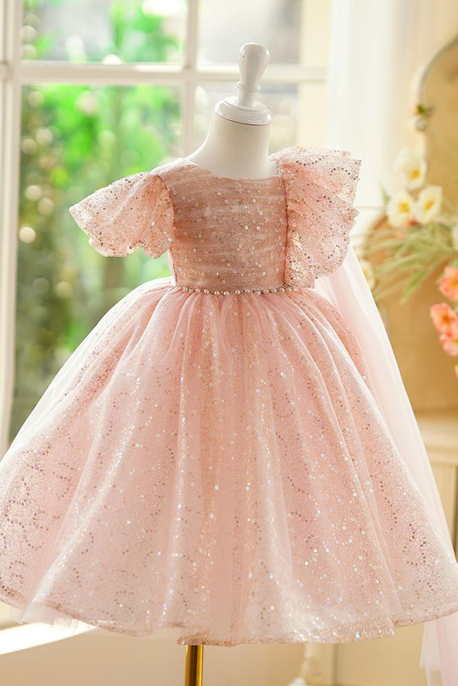 Scoop Wadenlang Pailletten Blumenmädchenkleider in Rosa