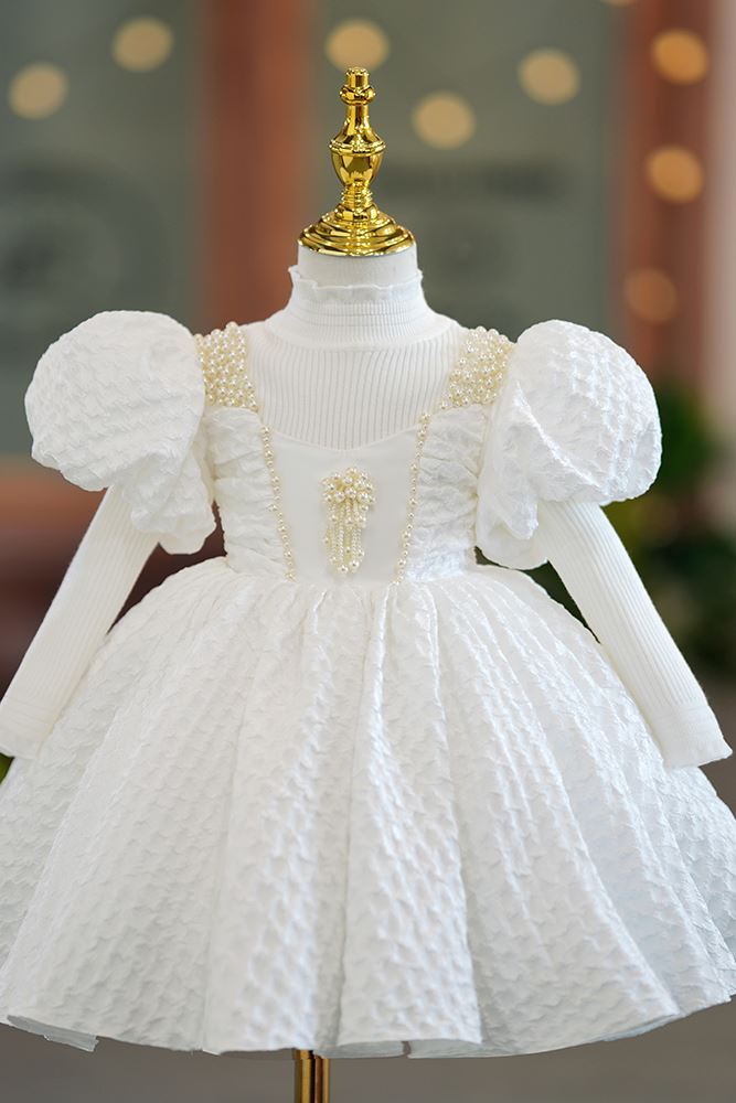 Princess Square Tea Length Polyester Flower Girl Dress in White