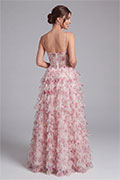 Rosa geblümtes A-Linien-Abendkleid aus Tüll und Rüschen mit Herzausschnitt