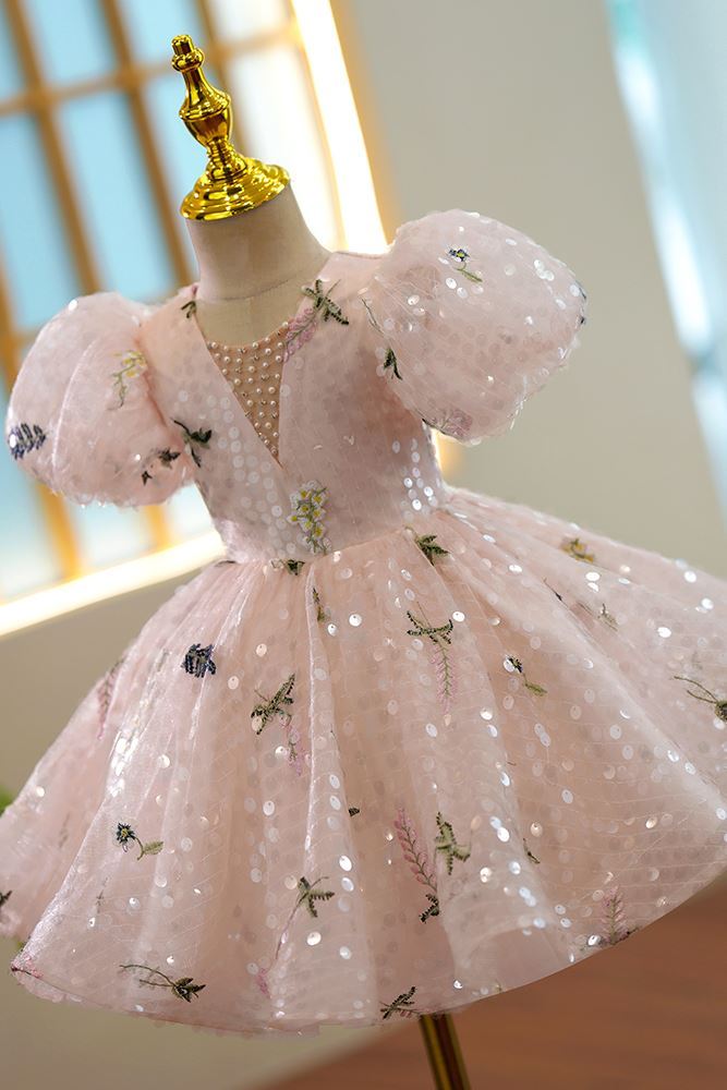 Prinzessin Wadenlang Pailletten Blumenmädchenkleider in Rosa