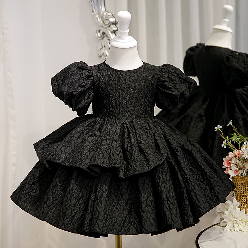 Prinzessin Runden Wadenlang Satin Blumenmädchenkleider in Schwarz