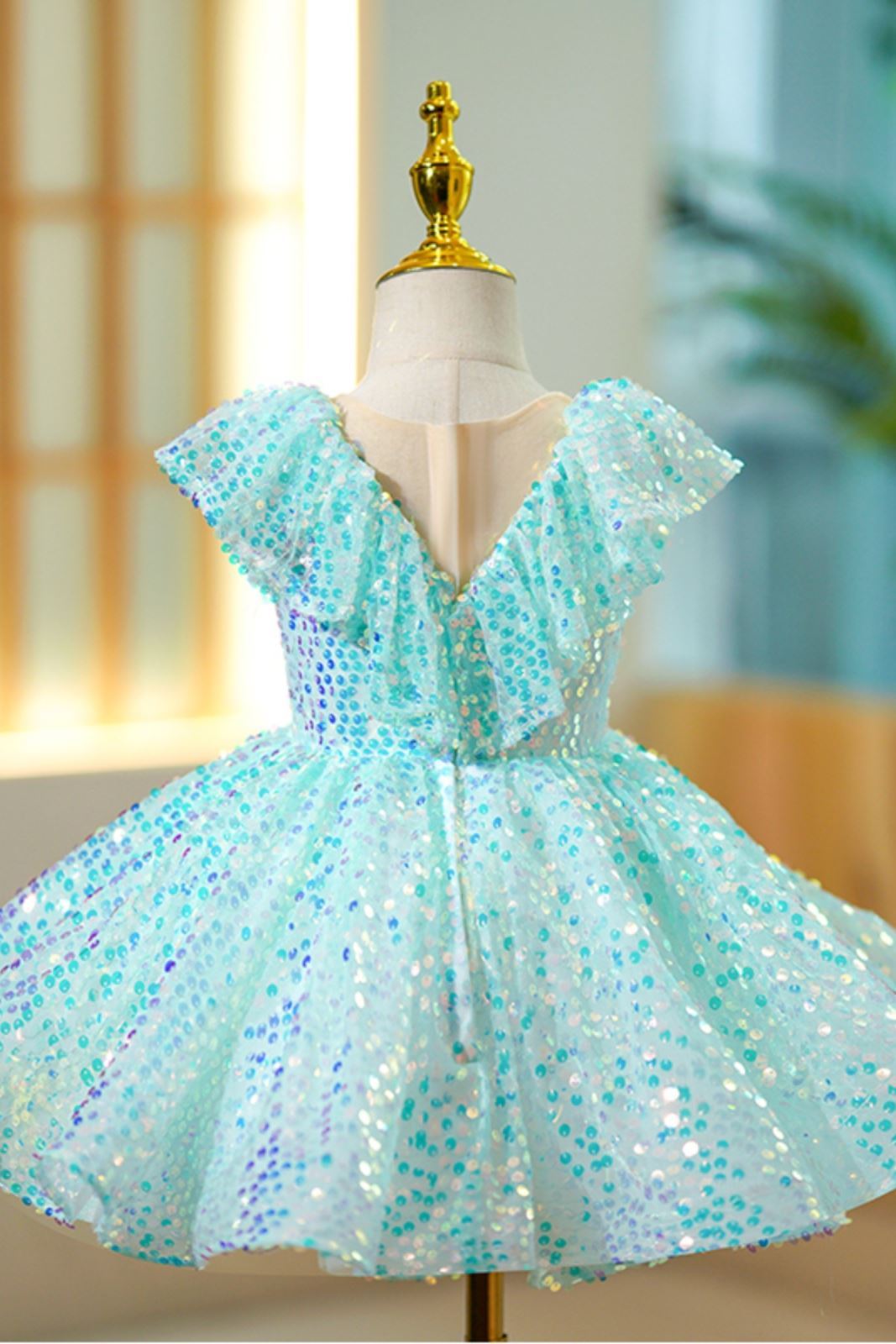 Prinzessin Wadenlang Pailletten Blumenmädchenkleider in Minzgrün