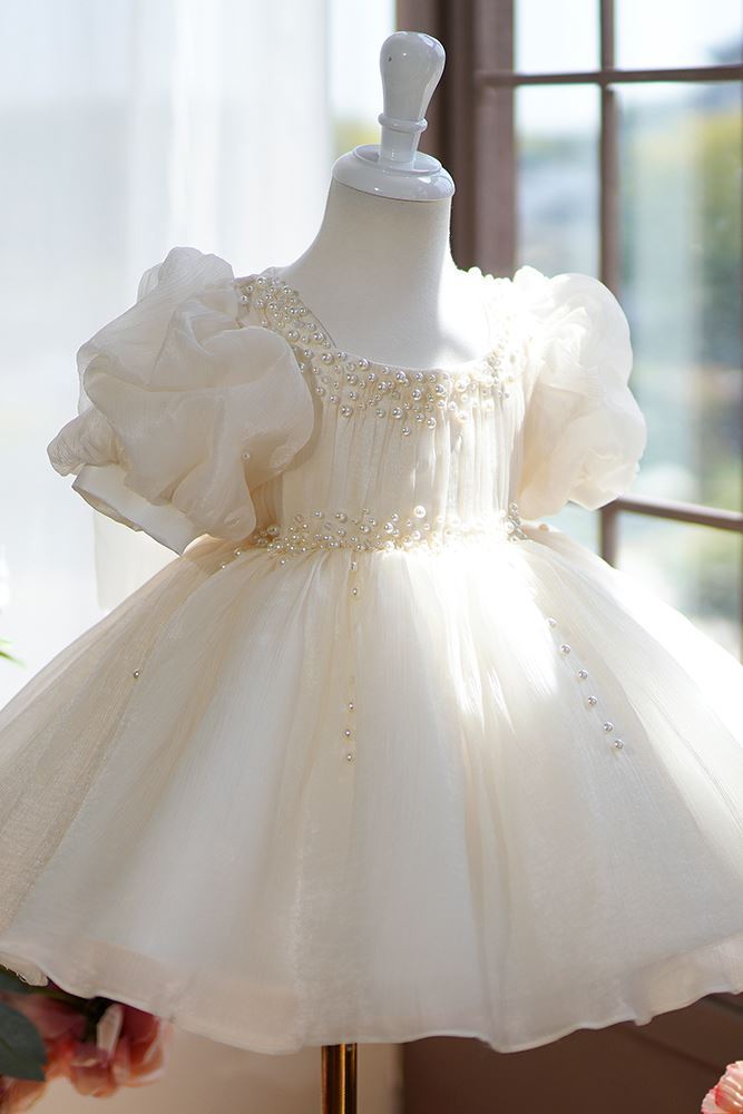 Prinzessin Wadenlang Organza Blumenmädchenkleider in Champagner