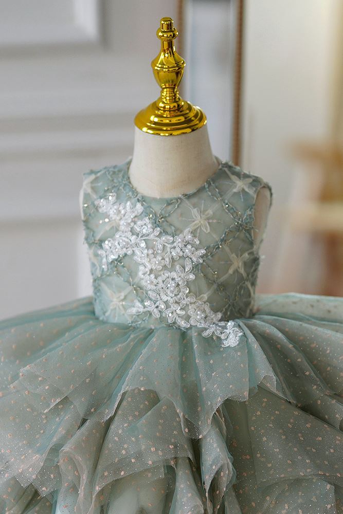 Runden Wadenlang Tüll Blumenmädchenkleider in Grün