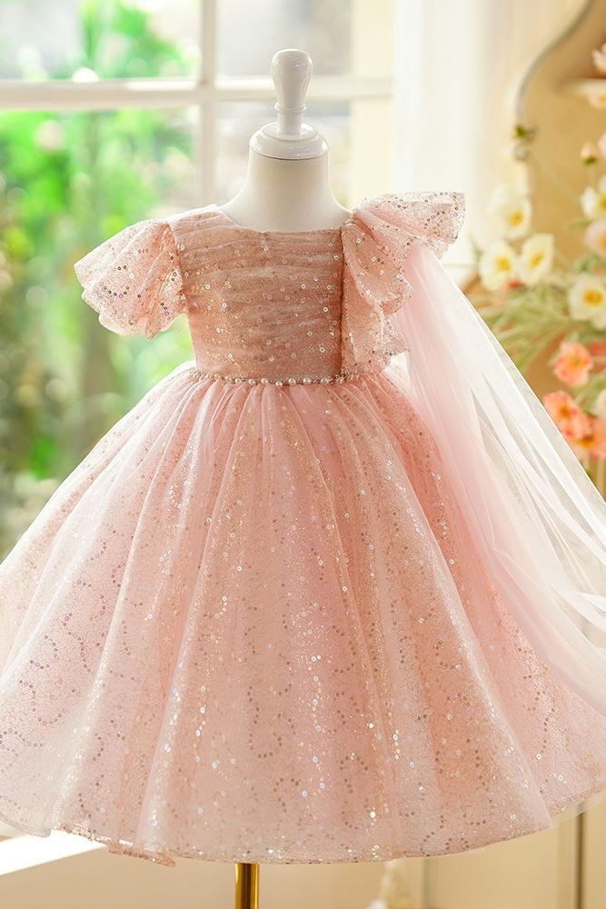 Scoop Wadenlang Pailletten Blumenmädchenkleider in Rosa