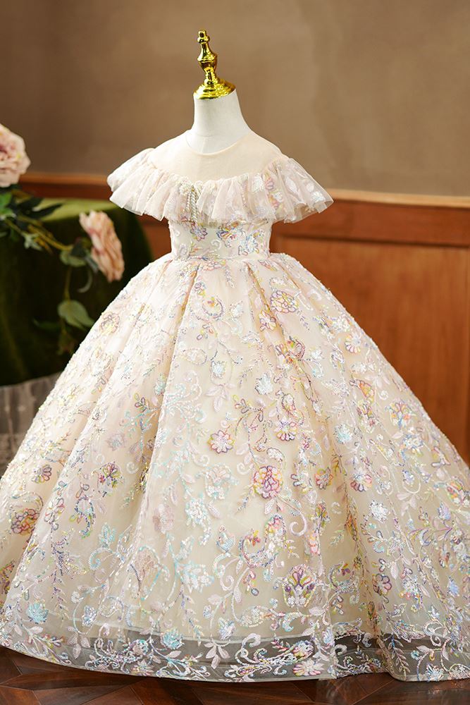 Prinzessin Bodenlang Pailletten Blumenmädchenkleider in Champagner