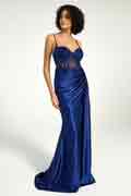 Navy Satin Gown with Sweetheart Neckline Strappy Back and High Slit