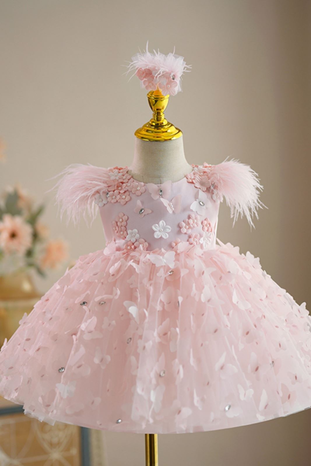 Prinzessin Runden Wadenlang Tüll Blumenmädchenkleider in Rosa