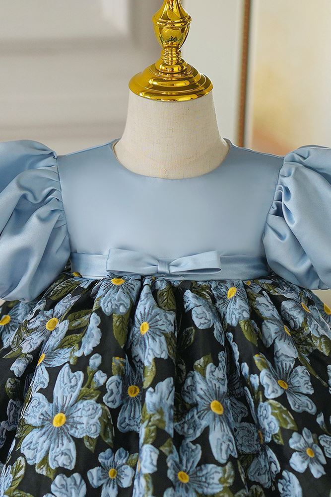 Prinzessin Runden Wadenlang Satin Blumenmädchenkleider in Blau