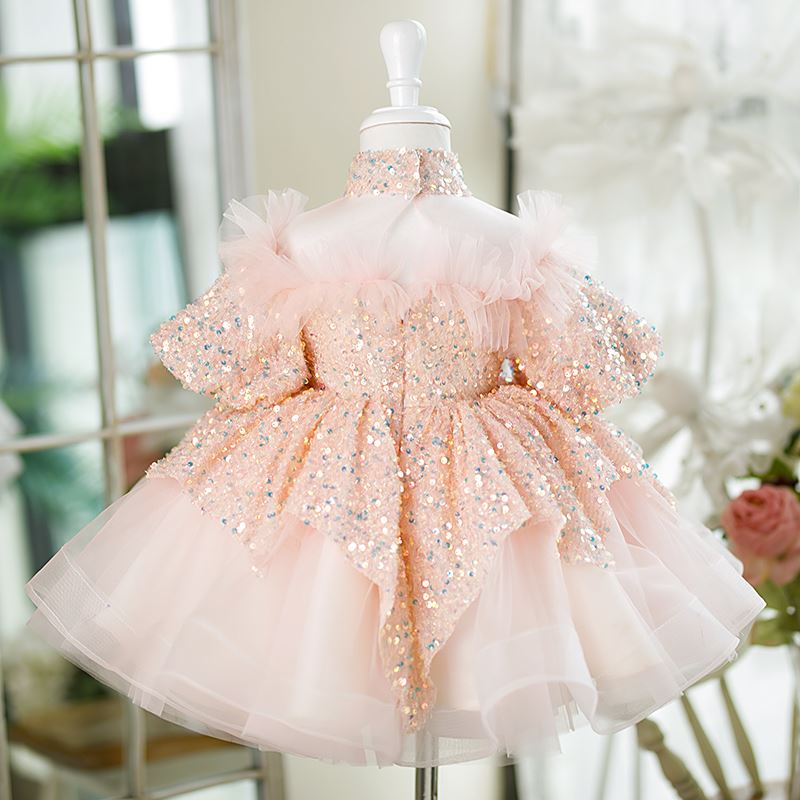 Prinzessin Wadenlang Pailletten Blumenmädchenkleider in Rosa