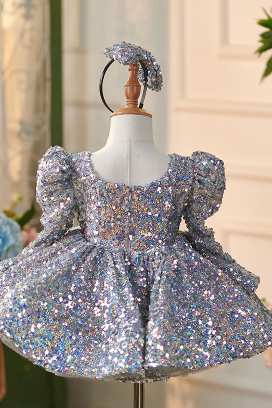 Prinzessin Wadenlang Pailletten Blumenmädchenkleider Staubigblau