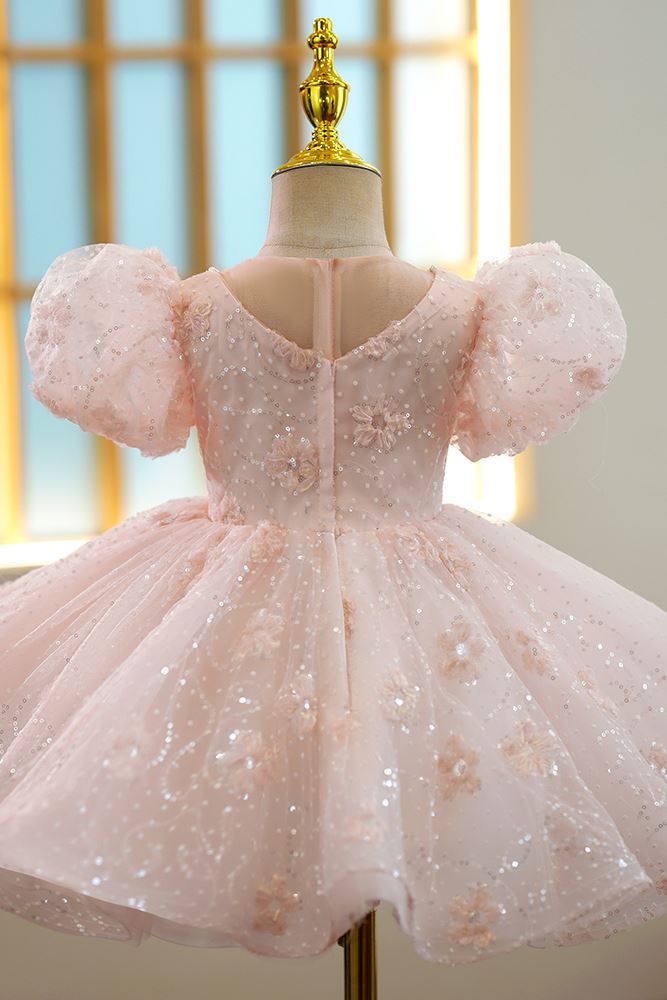 V Ausschnitt Wadenlang Pailletten Blumenmädchenkleider in Rosa