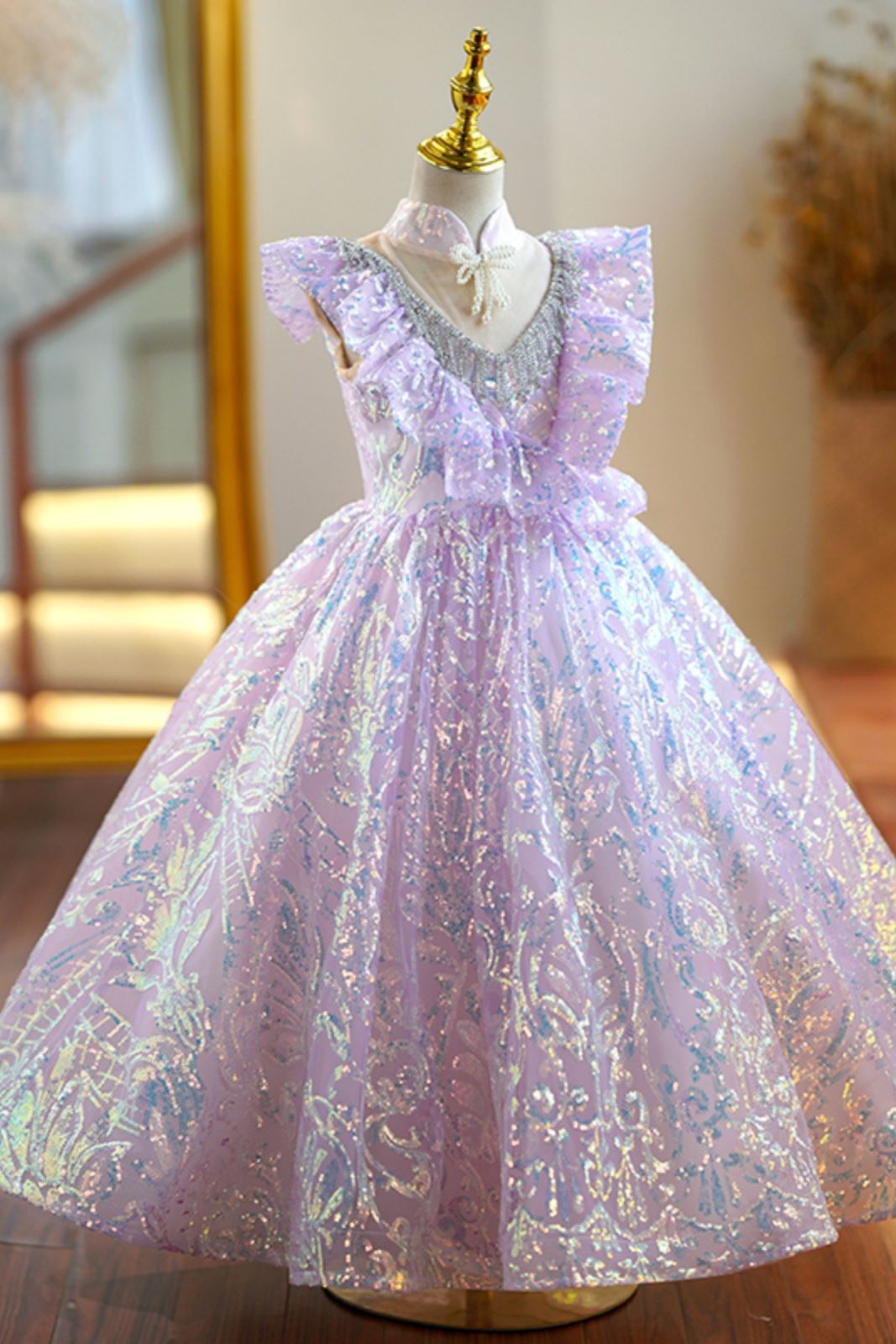 Prinzessin Bodenlang Pailletten Blumenmädchenkleider in Lila
