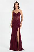 Burgundy Spaghetti Strap Sweetheart Lace-Up Back High Slit Gown