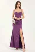 Glitter Satin A-Line Maxi Dress with Sweetheart Neckline & Leg Slit