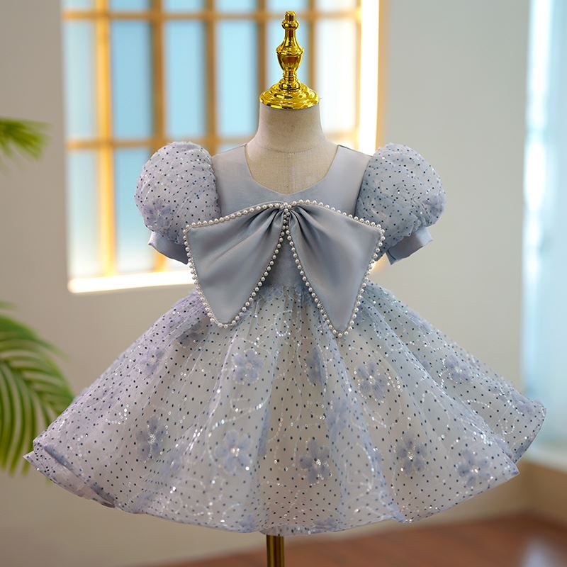Prinzessin Scoop Wadenlang Satin Blumenmädchenkleider in Staubigblau