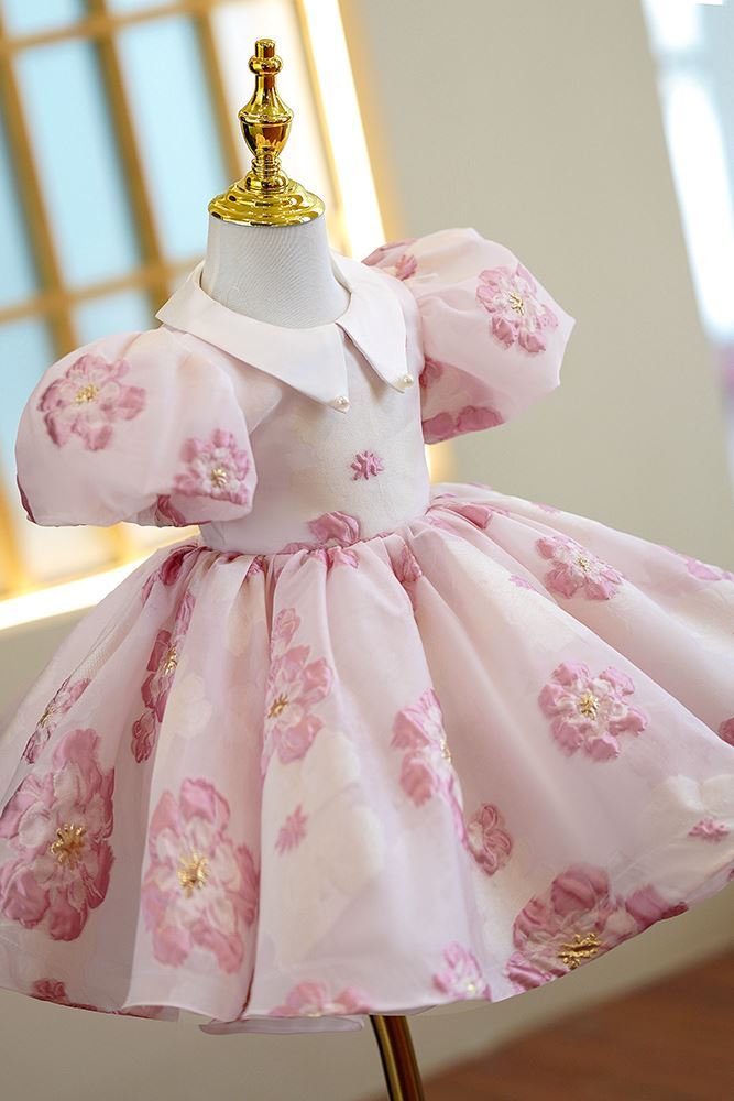 Prinzessin Kragenhals Wadenlang Organza Blumenmädchenkleider Rosa