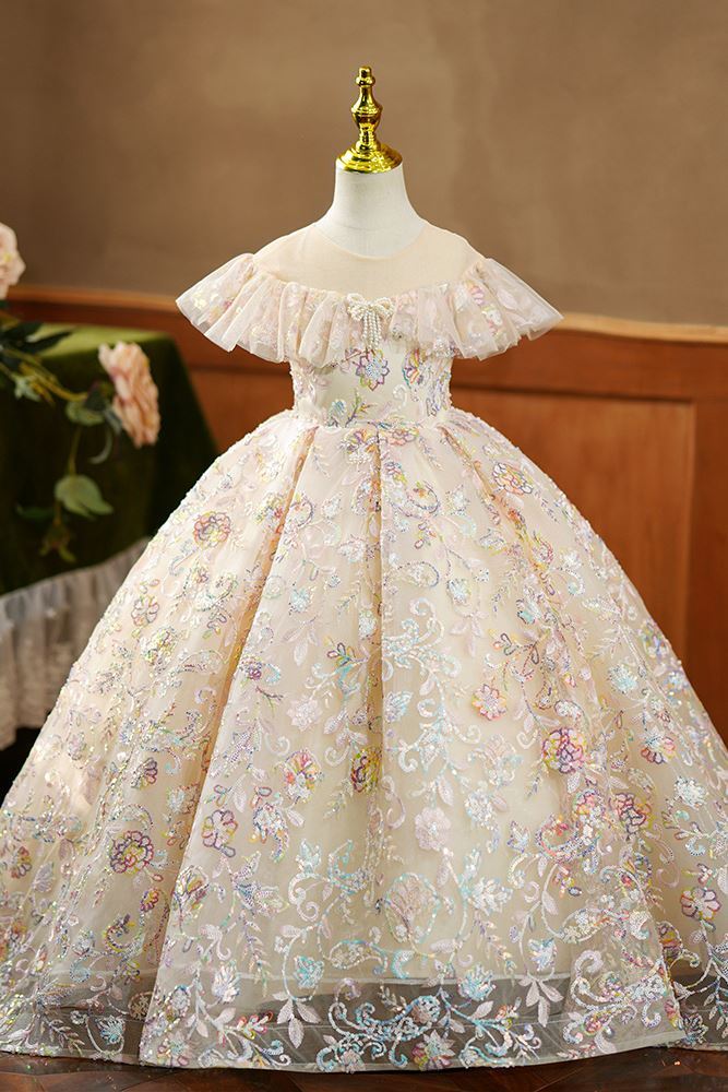 Prinzessin Bodenlang Pailletten Blumenmädchenkleider in Champagner