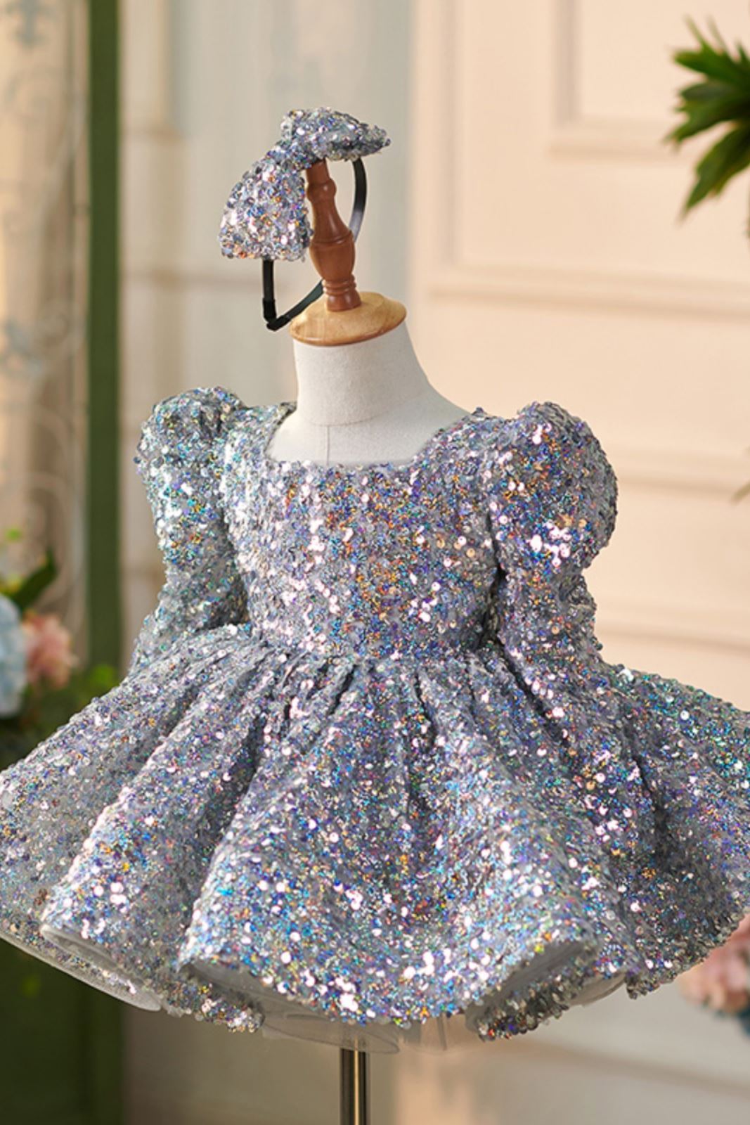 Prinzessin Wadenlang Pailletten Blumenmädchenkleider Staubigblau