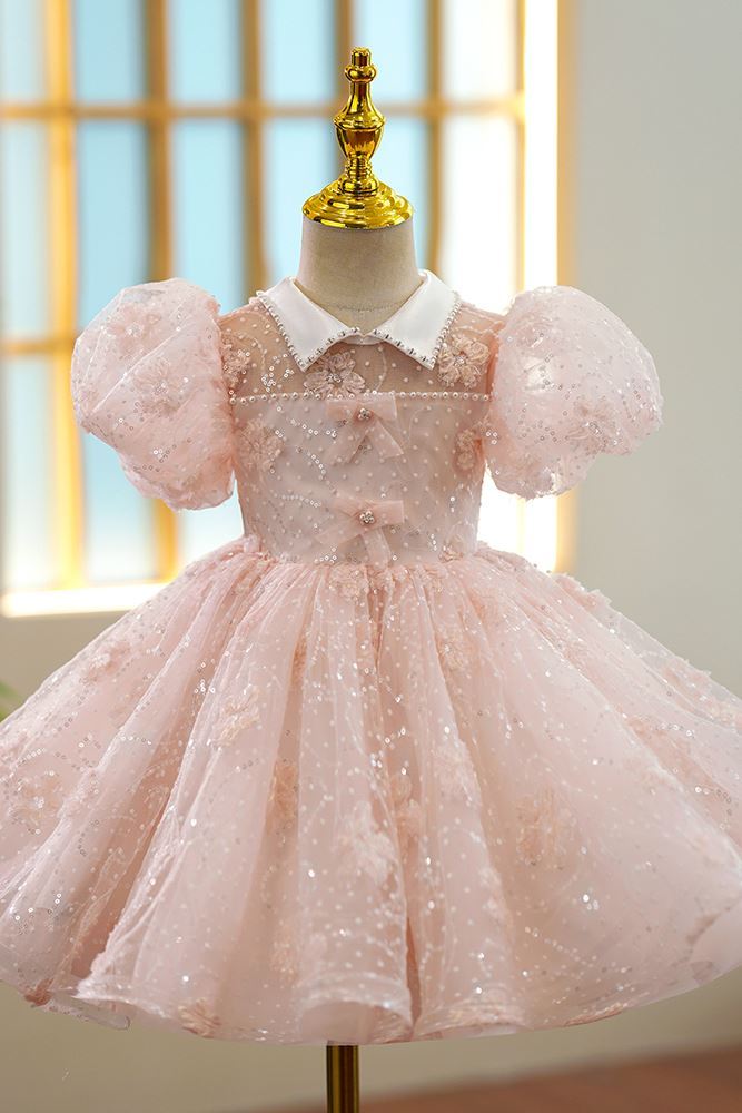 Prinzessin Kragenhals Wadenlang Organza Blumenmädchenkleider in Rosa