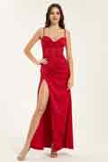 Satin Corset Maxi Dress with Cowl Neck and Leg Slit