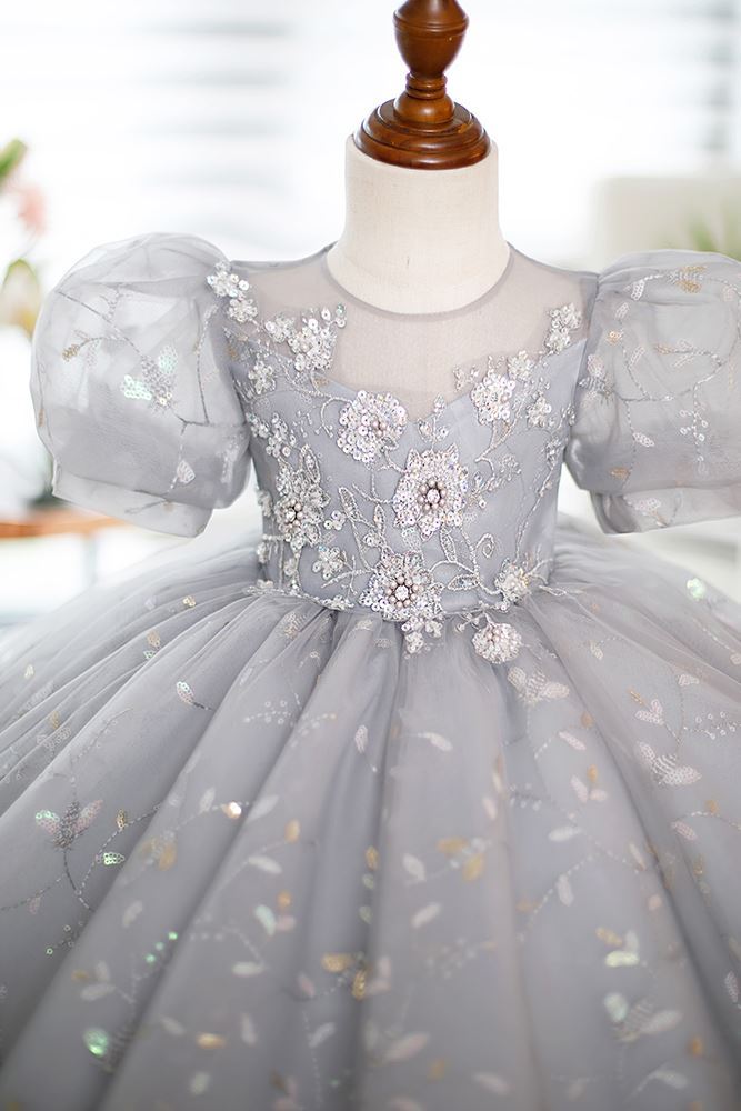 Prinzessin Runden Wadenlang Pailletten Blumenmädchenkleider in Grau