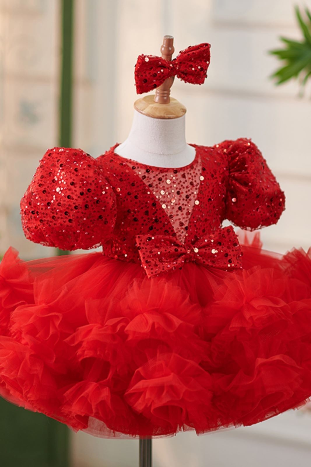 Prinzessin Runden Wadenlang Tüll Blumenmädchenkleider in Rot