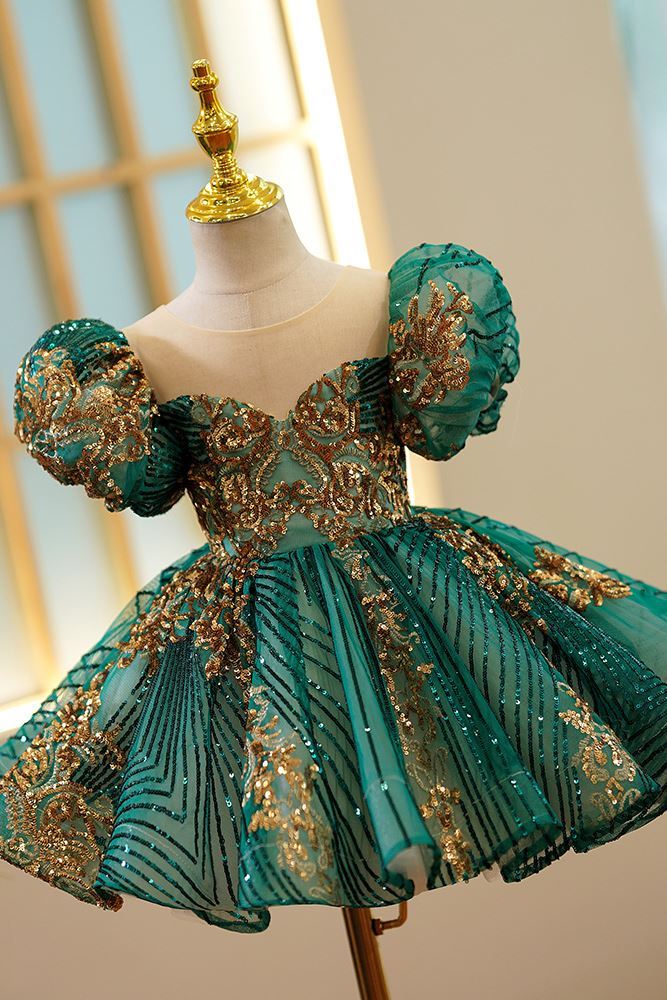 Prinzessin Runden Wadenlang Pailletten Blumenmädchenkleider Dunkelgrün