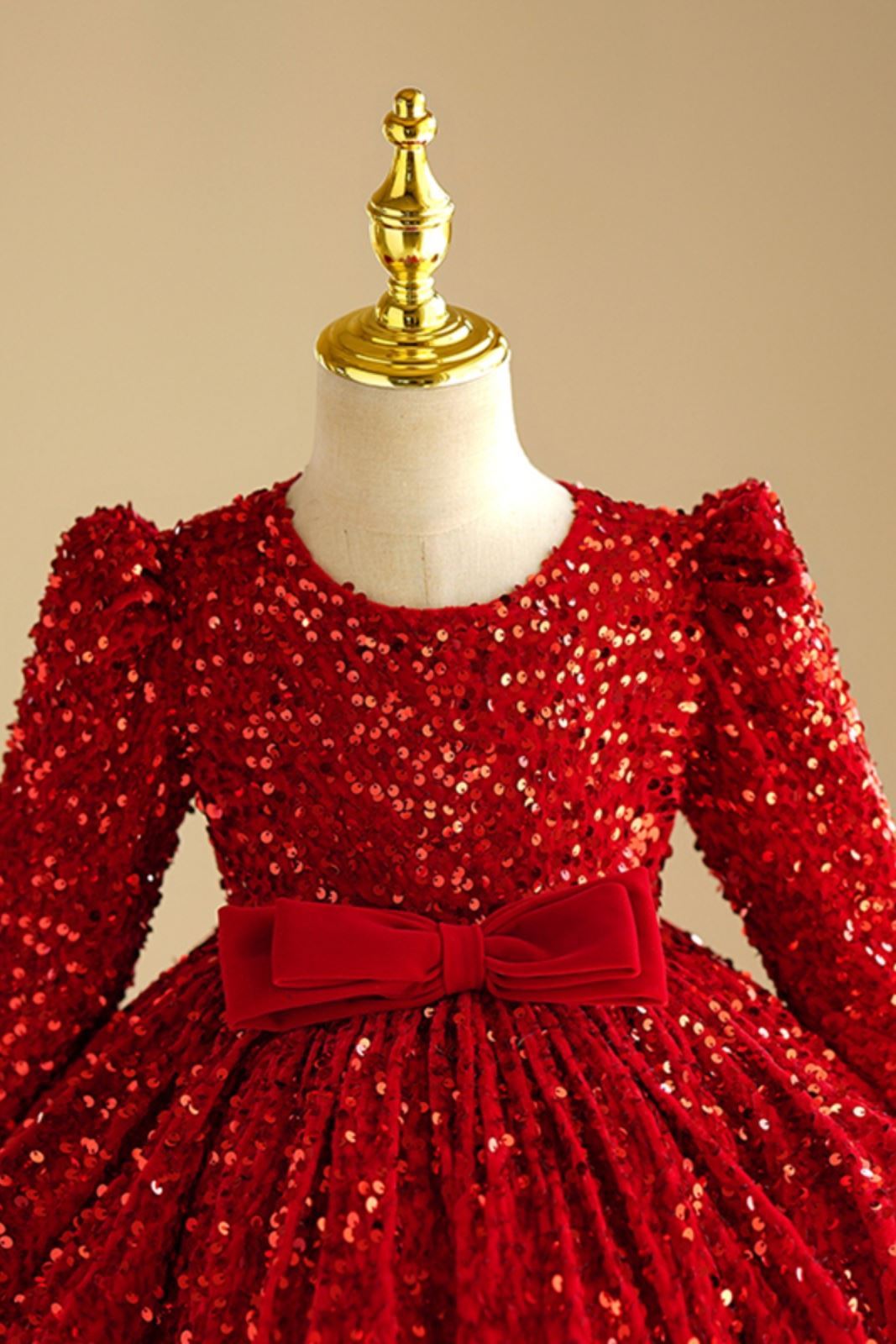 Prinzessin Runden Wadenlang Pailletten Blumenmädchenkleider Rot