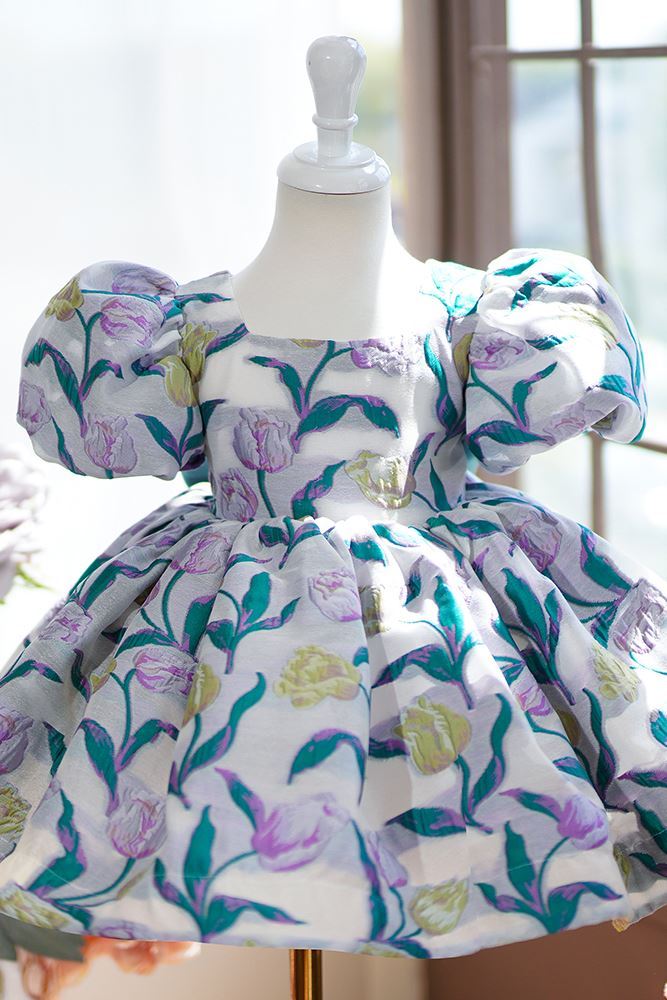 Prinzessin Scoop Wadenlang Satin Blumenmädchenkleider in Blau