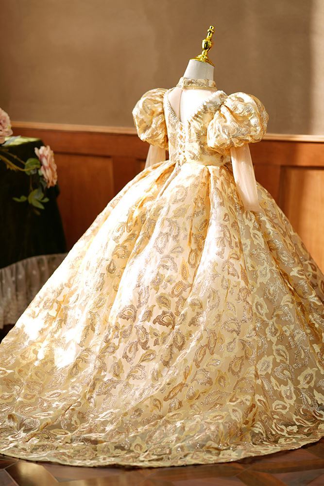 Princesse Longueur au Sol Dentelle robes de demoiselle d'honneur - fillette in Doré