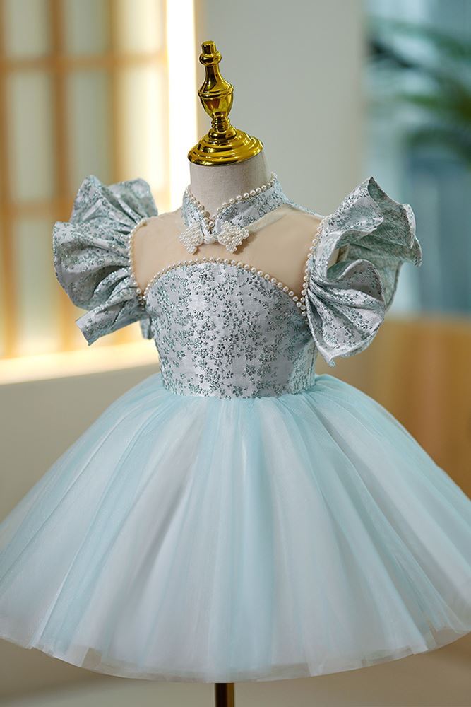 Prinzessin Juwelenhals Wadenlang Satin Blumenmädchenkleider in Blau