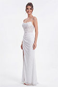 White Glitter Dot Spaghetti Strap Corset Ruched High Slit Evening Gown
