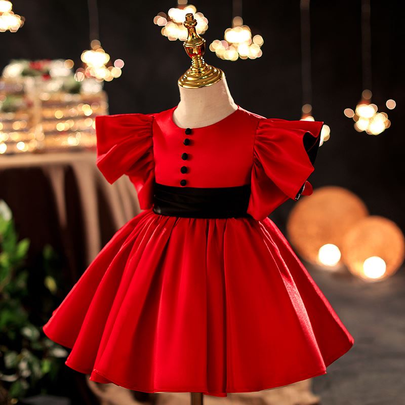 Princess Round Tea Length Satin Flower Girl Dress Red