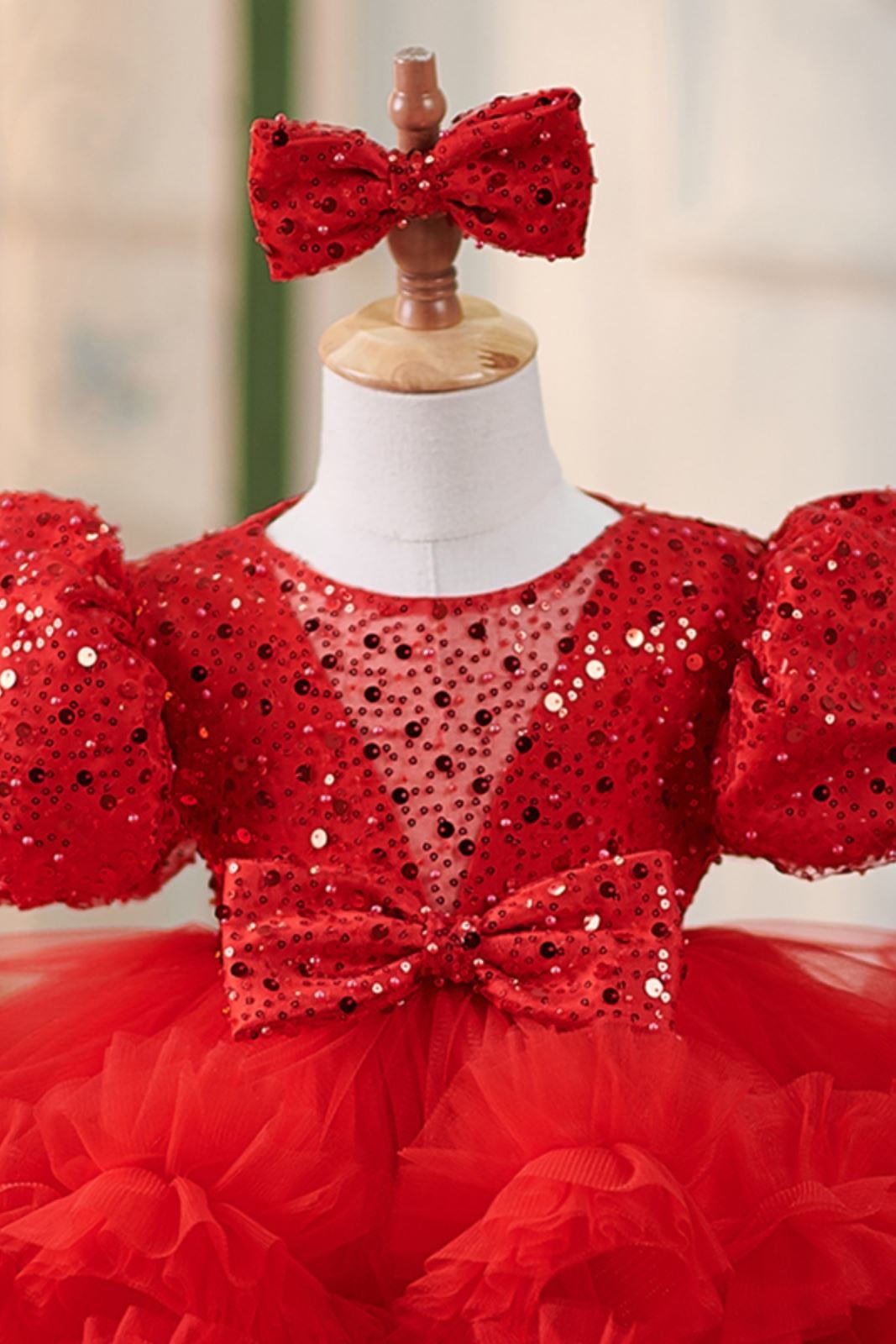 Prinzessin Runden Wadenlang Tüll Blumenmädchenkleider in Rot