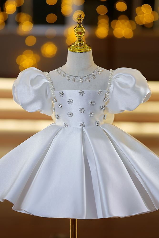 Prinzessin Quadratisch Wadenlang Satin Blumenmädchenkleider in Weiß