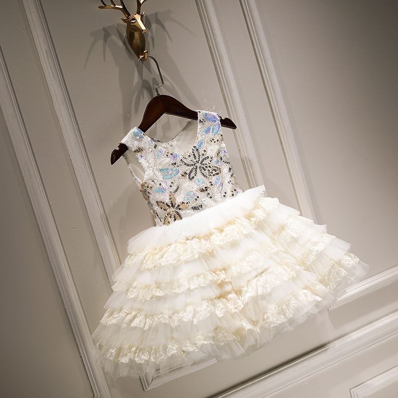 Prinzessin Scoop Wadenlang Tüll Blumenmädchenkleider in Weiß