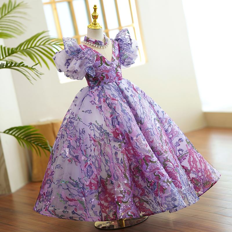 Prinzessin Bodenlang Pailletten Blumenmädchenkleider in Lila