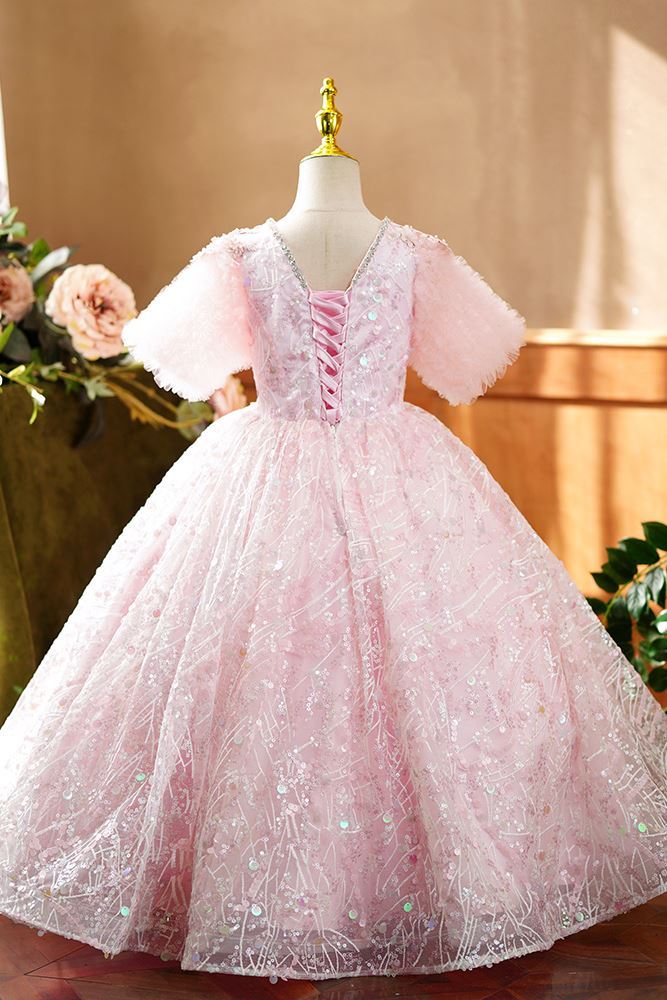 Prinzessin Bodenlang Pailletten Blumenmädchenkleider in Rosa