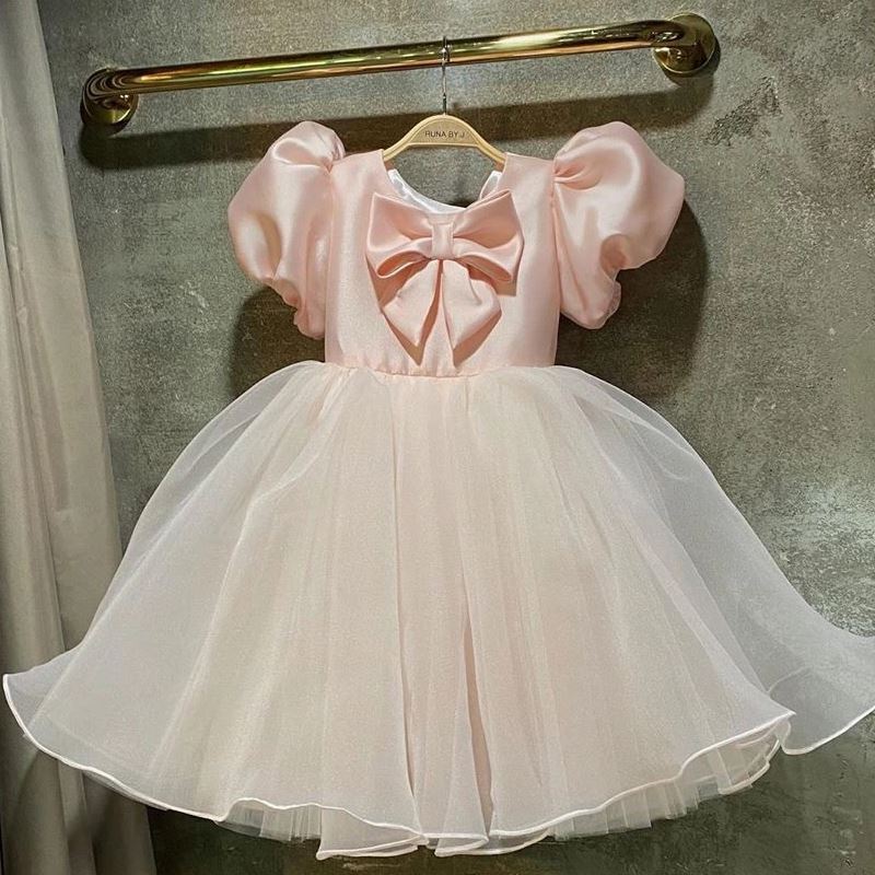 Prinzessin Runden Wadenlang Satin Blumenmädchenkleider in Rosa