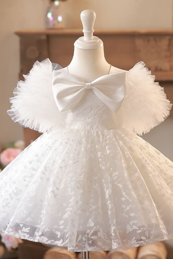 Prinzessin Scoop Wadenlang Spitze Blumenmädchenkleider in Weiß