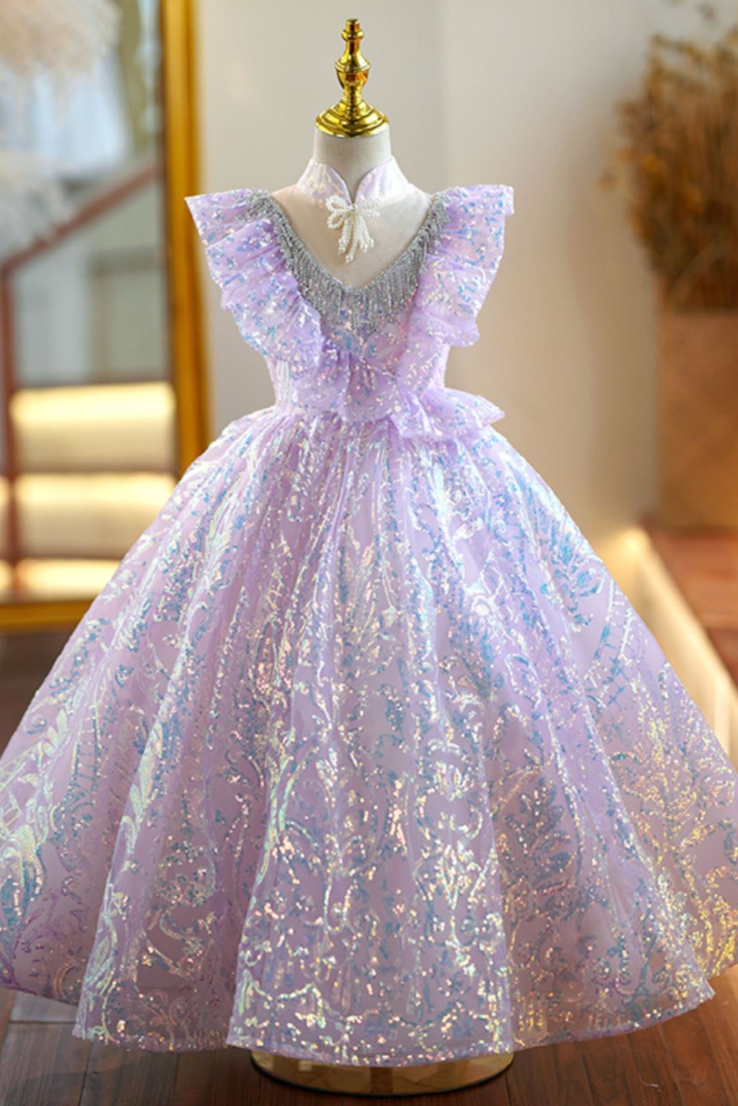 Prinzessin Bodenlang Pailletten Blumenmädchenkleider in Lila