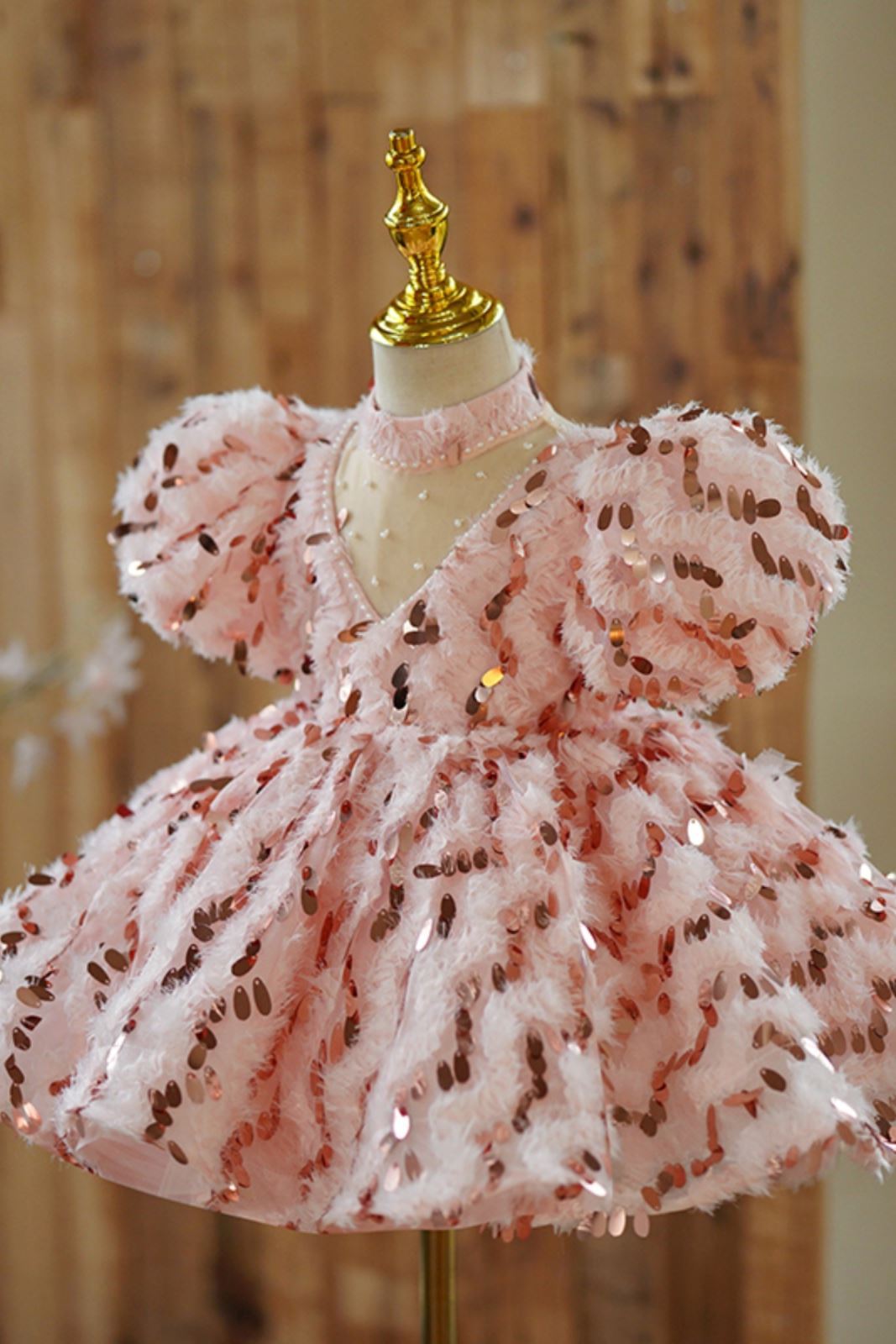 Prinzessin Wadenlang Pailletten Blumenmädchenkleider in Rosa