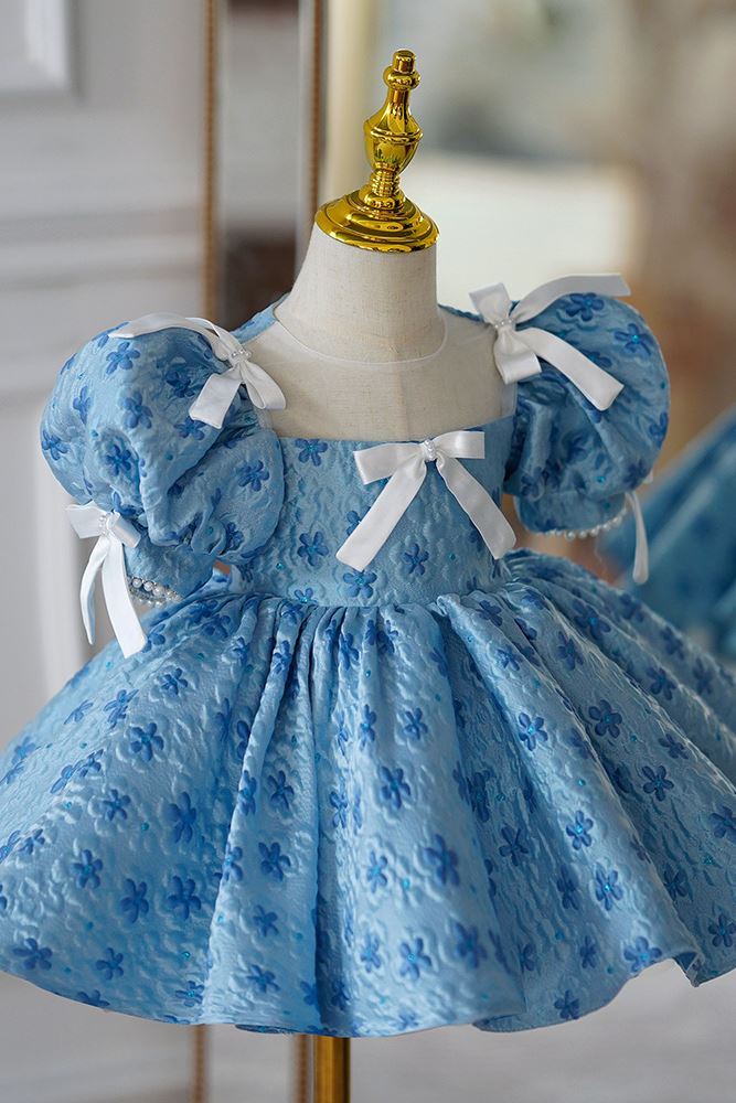 Prinzessin Quadratisch Wadenlang Satin Blumenmädchenkleider in Blau