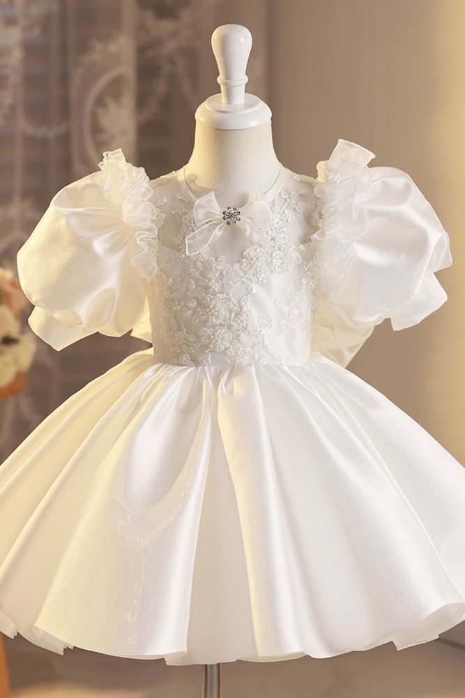 Prinzessin Runden Wadenlang Satin Blumenmädchenkleider in Weiß