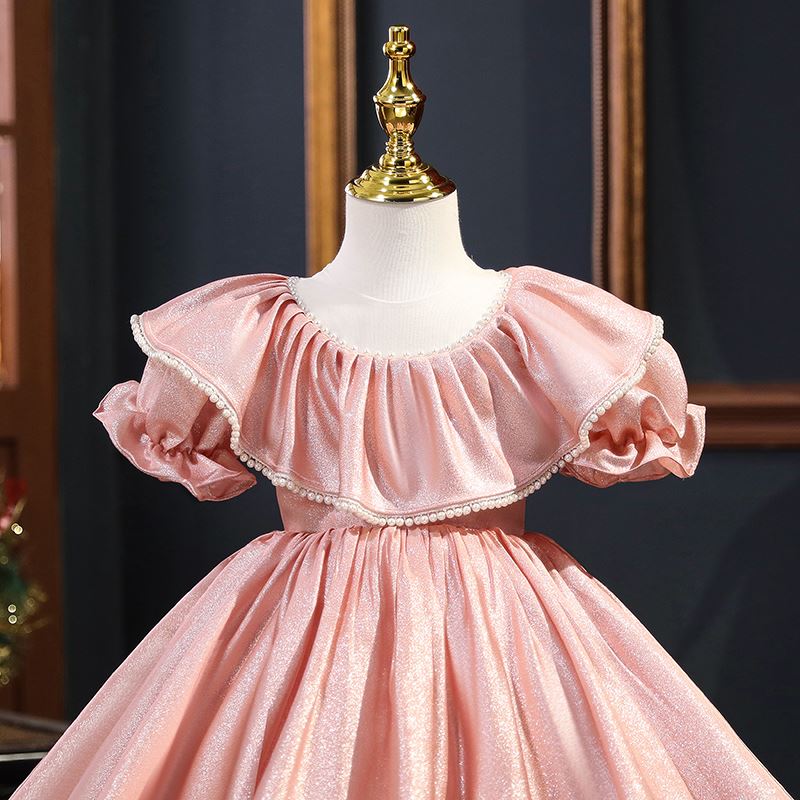 Prinzessin Scoop Wadenlang Satin Blumenmädchenkleider in Rosa