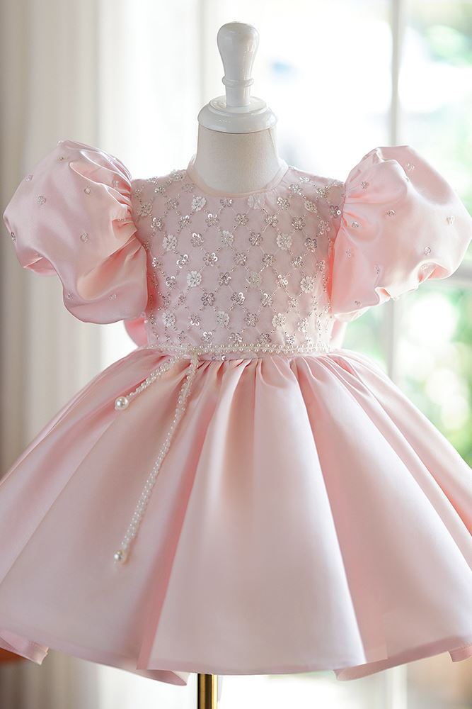 Prinzessin Runden Wadenlang Satin Blumenmädchenkleider in Rosa