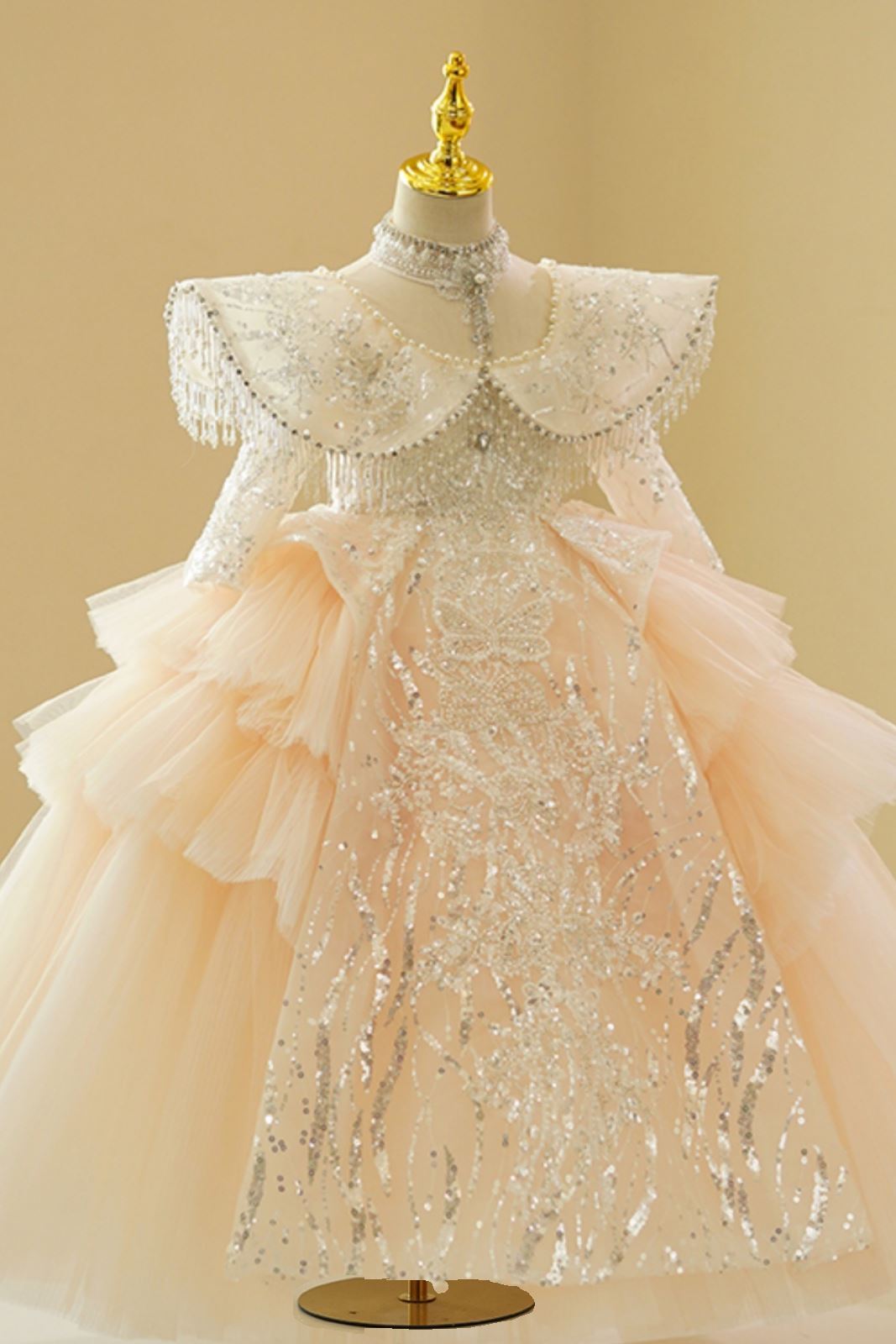 Prinzessin Bodenlang Tüll Blumenmädchenkleider in Champagner