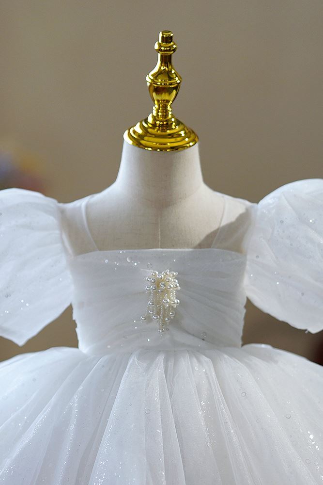 Prinzessin Wadenlang Pailletten Blumenmädchenkleider in Weiß