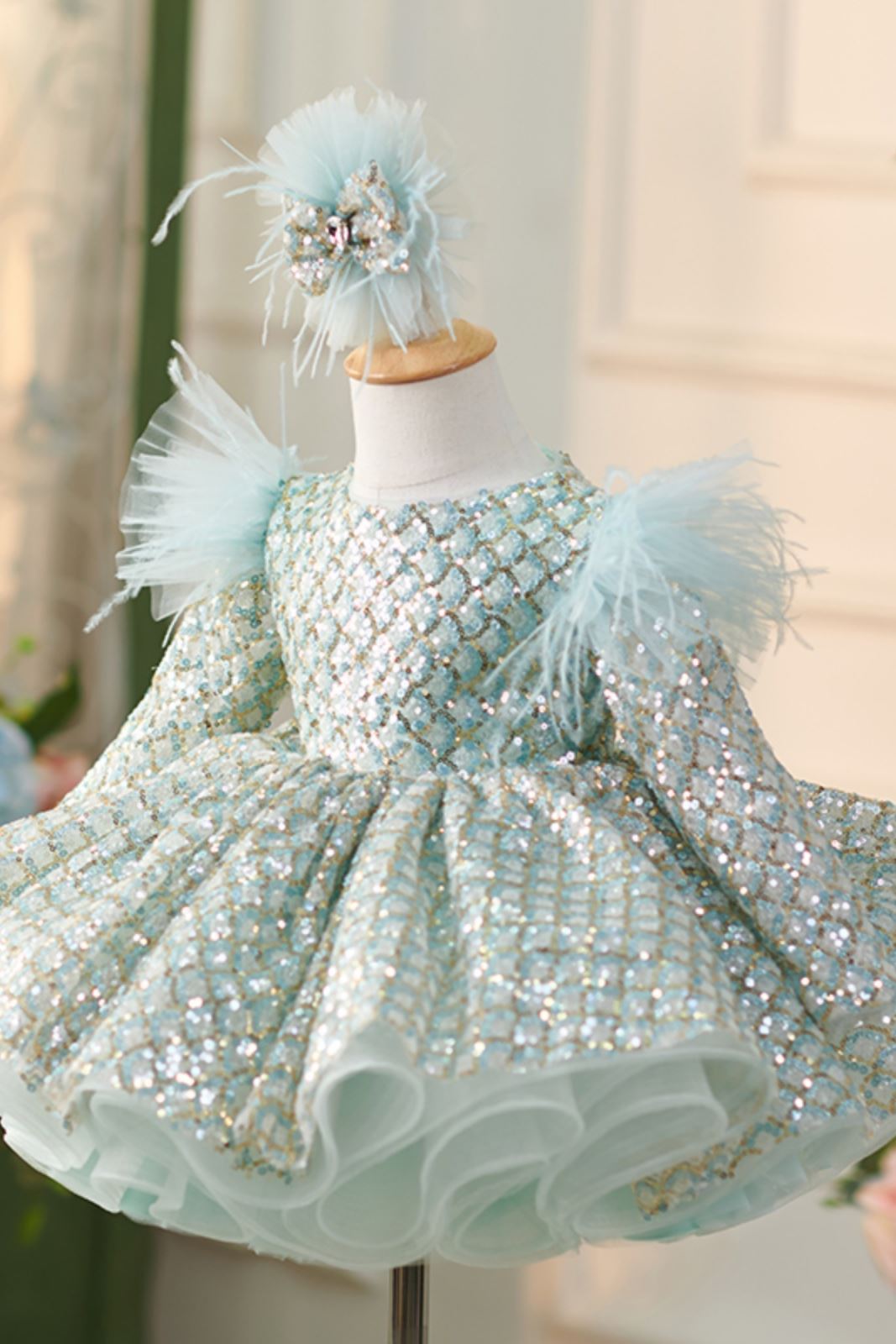 Принцесса Длина по Щиколотку Sequined Детские Платья in Мятно-зеленый